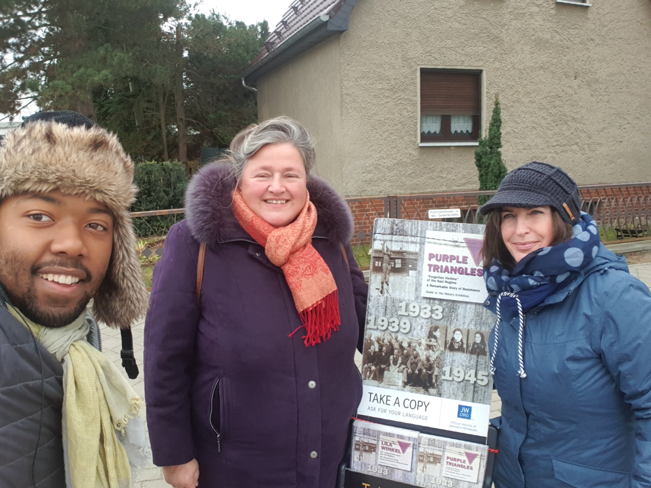 Langa Twala with the Jehovah’s Witnesses he met outside Sachsenhausen memorial site