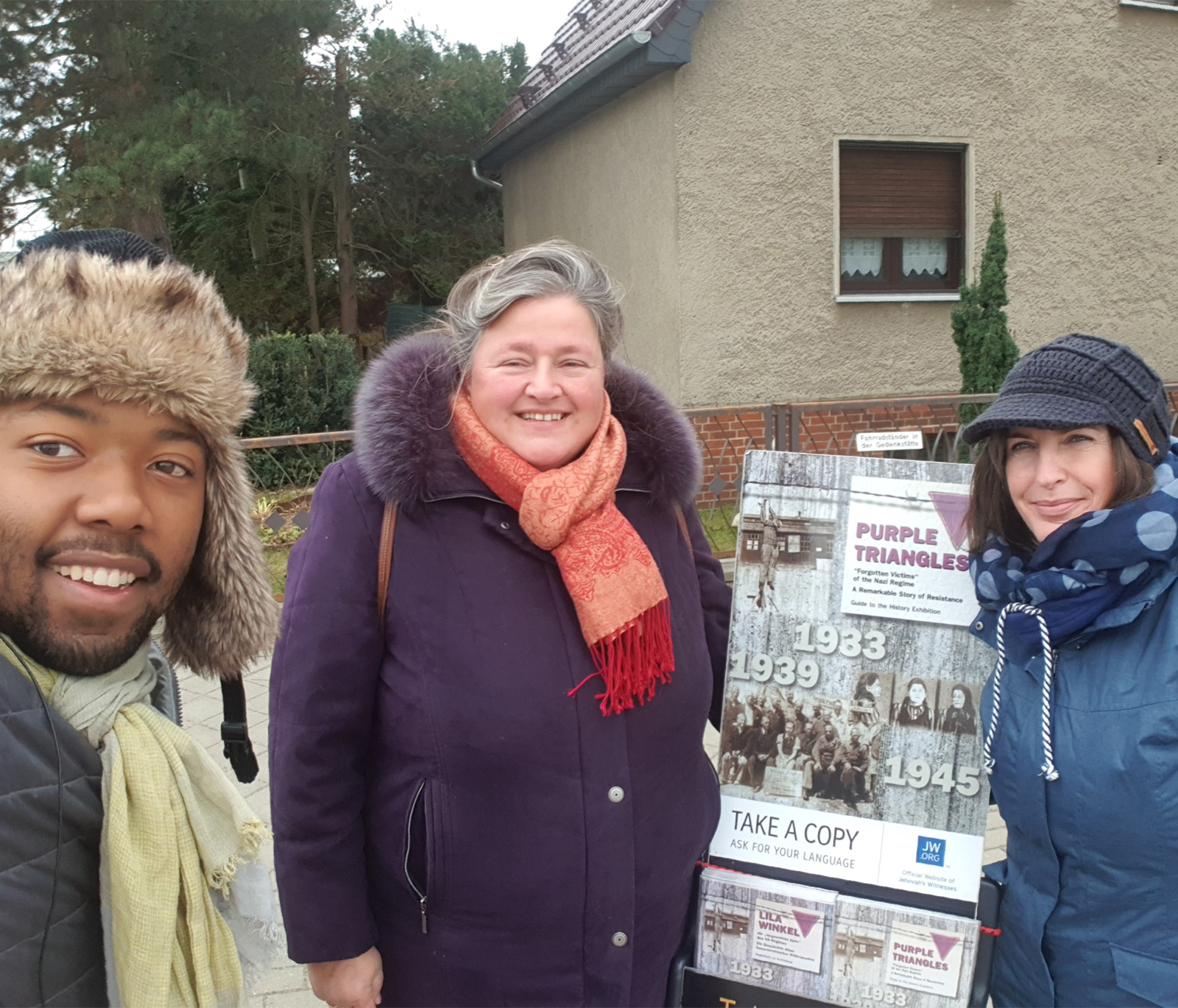 Langa Twala with the Jehovah’s Witnesses he met outside Sachsenhausen memorial site. Photo: Langa Twala