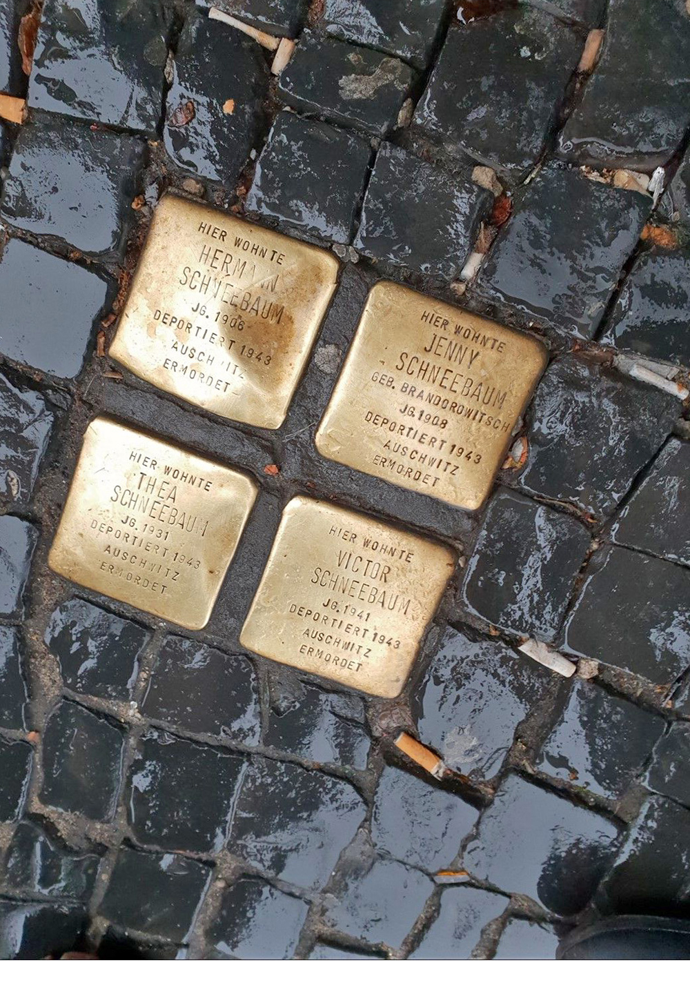 These commemorative brass plaques are inscribed with the name and life dates of victims of Nazi persecution and are set into the pavement of the last known address where the victims lived.<br><br>Photo: Ronel Koekemoer